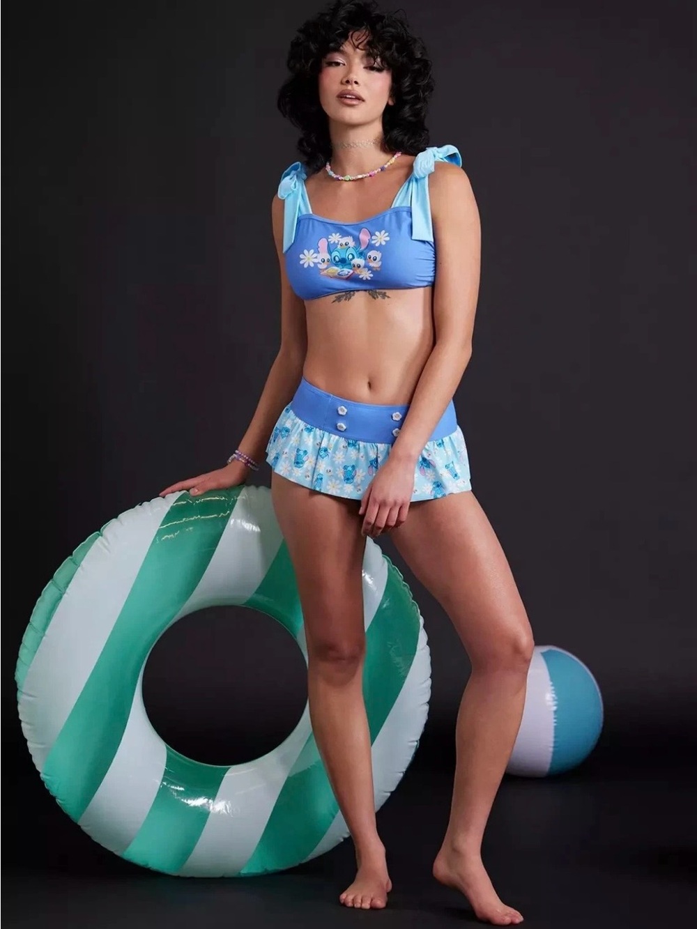 NWTs Disney Stitch & Ducks Floral swimsuit Top Size Large & Bottoms Size Medium